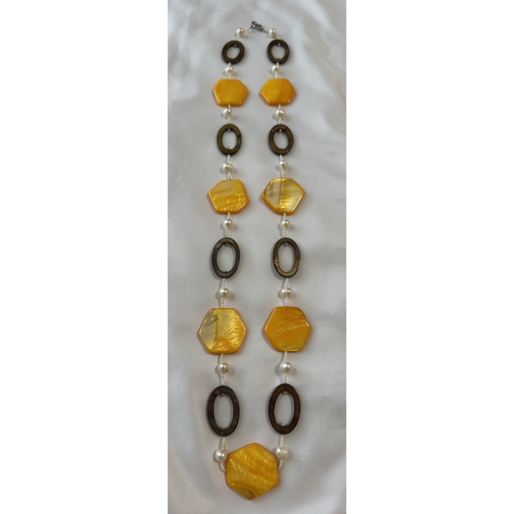Premier Designs Station Mother of Pearl Shell Beaded Necklace Yellow Brown 32"